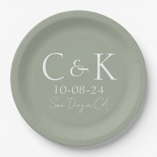 Assiettes En Carton Monogramme Initiales Sage Green Mariage (Devant)
