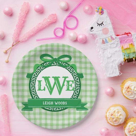 Assiettes En Carton Monogramme intégral En vichy grec (Fête)