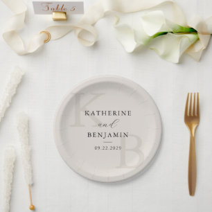 Assiettes En Carton Monogramme ivoire moderne Mariage minimaliste