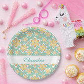 Assiettes En Carton Monogramme joli fleurs orange sur vert (Fête)