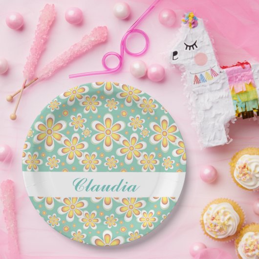 Assiettes En Carton Monogramme joli fleurs orange sur vert (Fête)