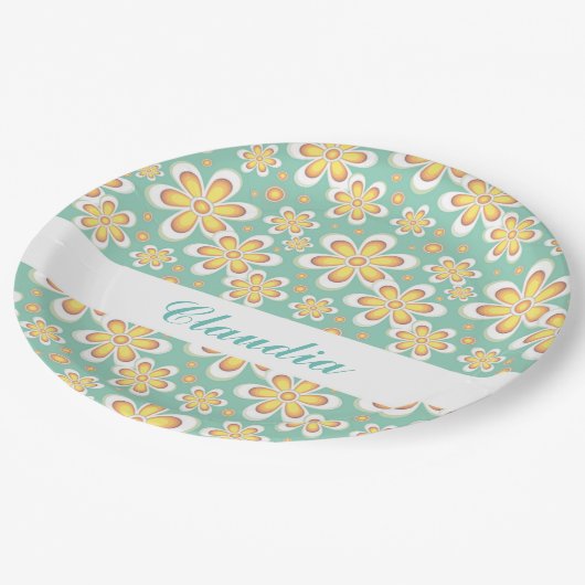 Assiettes En Carton Monogramme joli fleurs orange sur vert (Angle)