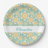 Assiettes En Carton Monogramme joli fleurs orange sur vert (Devant)