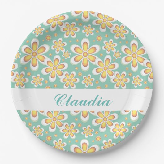 Assiettes En Carton Monogramme joli fleurs orange sur vert (Devant)