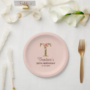 Assiettes En Carton Monogramme Lettre T Or Roses Rose Pâle