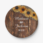 Assiettes En Carton Monogramme Mariage de tournesol en bois rustique e (Devant)