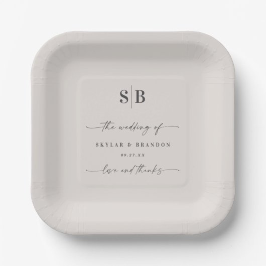 Assiettes En Carton Monogramme Mariage Ecru blanc cassé couleur simple (Recto)