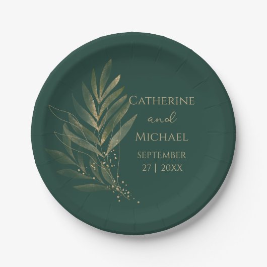 Assiettes En Carton Monogramme Mariage Emerald Green Gold Leaf (Devant)