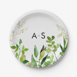 Assiettes En Carton Monogramme Mariage encadré de feuilles vertes et o