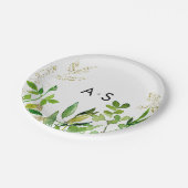 Assiettes En Carton Monogramme Mariage encadré de feuilles vertes et o (Angle)