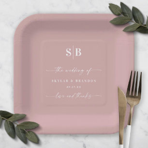 Assiettes En Carton Monogramme Mariage Mauve Dusty couleur simple