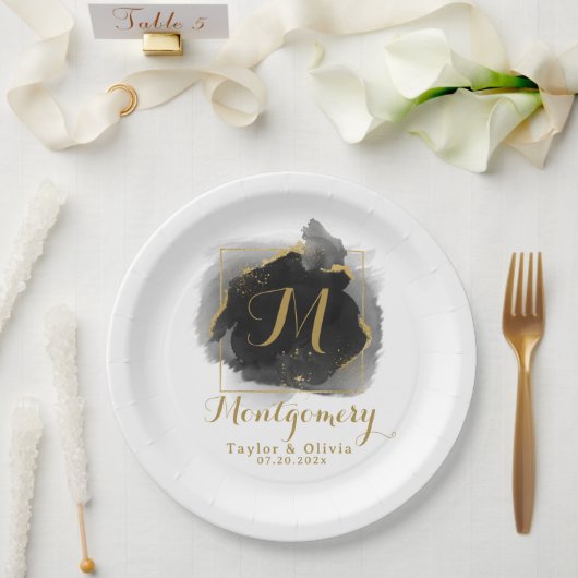 Assiettes En Carton Monogramme Mariage noir et or spectaculaire (Mariage)