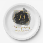 Assiettes En Carton Monogramme Mariage noir et or spectaculaire (Devant)