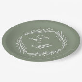 Assiettes En Carton Monogramme Mariage vert Sage de la branche de scri (Angle)