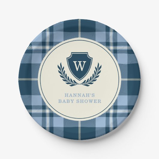 Assiettes En Carton Monogramme Marine Bleu Plaid Baby Boy Douche (Devant)