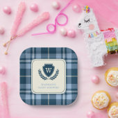 Assiettes En Carton Monogramme Marine Bleu Plaid Baby Boy Douche (Fête)