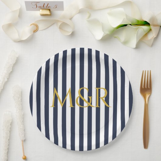 Assiettes En Carton Monogramme Marine Bleu rayures Anniversaire rayé (Mariage)