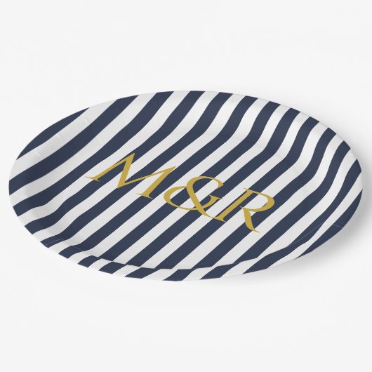 Assiettes En Carton Monogramme Marine Bleu rayures Anniversaire rayé (Angle)