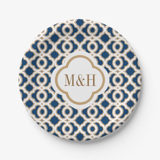 Assiettes En Carton Monogramme Marine et Mariage d'or marocain (Devant)