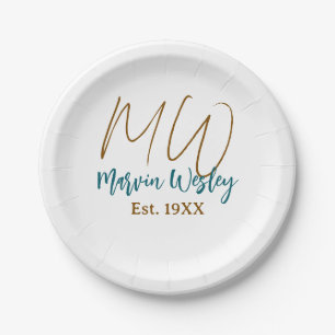 Assiettes En Carton Monogramme marron bleu turquoise année simple mini
