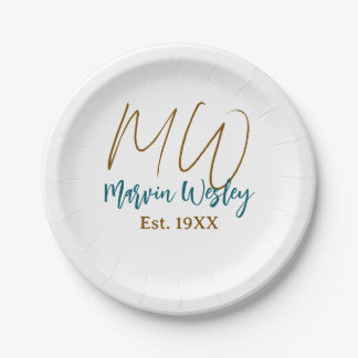 Assiettes En Carton Monogramme marron bleu turquoise année simple mini
