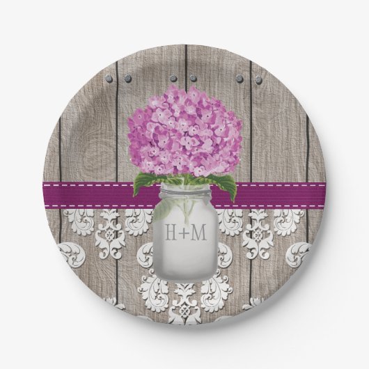 Assiettes En Carton Monogramme Mason Jar Plum Hydrangea Mariage (Devant)