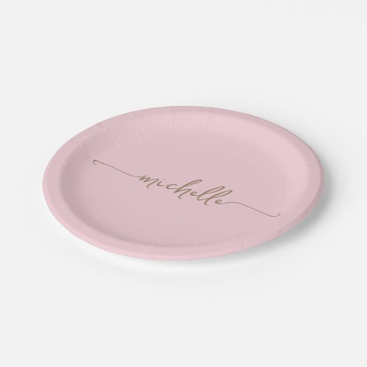 Assiettes En Carton Monogramme minimal élégant or écriture rose blush (Angle)