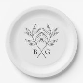 Assiettes En Carton Monogramme minimaliste botanique rustique Mariage (Devant)