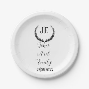 Assiettes En Carton Monogramme minimaliste élégant mariage noir et bla