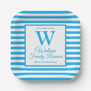 Assiettes En Carton Monogramme moderne Bleu clair Bleu rayures Famille
