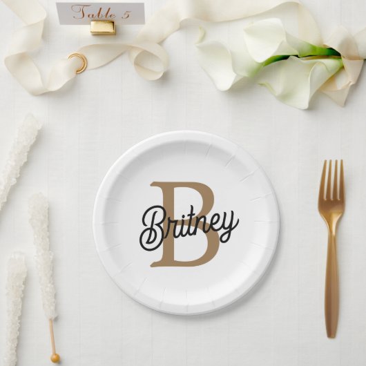 Assiettes En Carton Monogramme moderne élégant Nom Black Gold Script (Mariage)