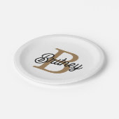 Assiettes En Carton Monogramme moderne élégant Nom Black Gold Script (Angle)
