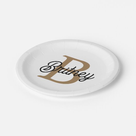 Assiettes En Carton Monogramme moderne élégant Nom Black Gold Script (Angle)