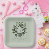 Assiettes En Carton Monogramme moderne Eucalyptus Mariage de couronne (Fête)