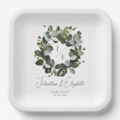 Assiettes En Carton Monogramme moderne Eucalyptus Mariage de couronne  (Recto)