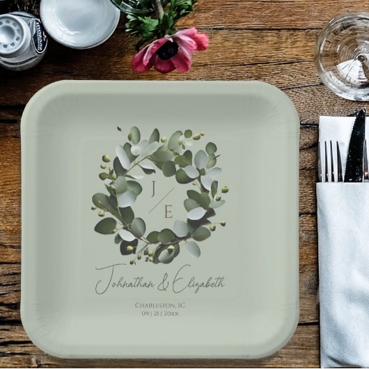 Assiettes En Carton Monogramme moderne Eucalyptus Mariage de couronne