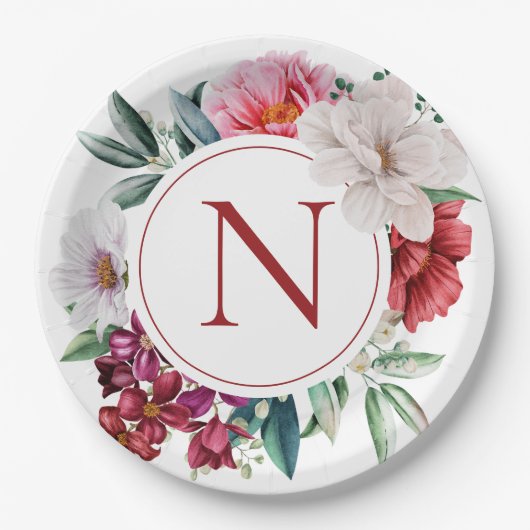 Assiettes En Carton Monogramme moderne Floral personnalisé (Devant)