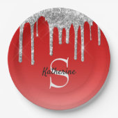 Assiettes En Carton Monogramme moderne Parties scintillant argent roug (Devant)