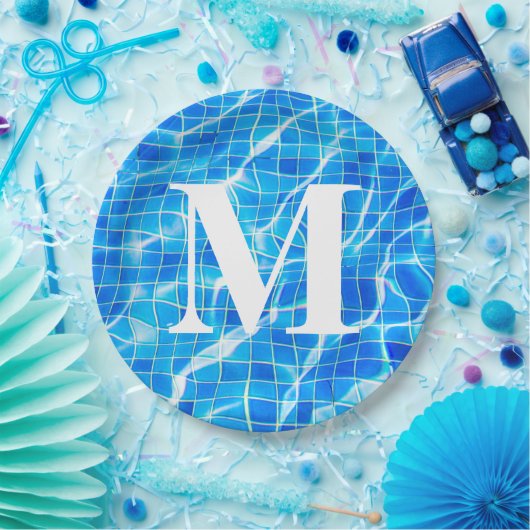 Assiettes En Carton Monogramme Monogramme Piscine Bleue Aquatique (Fête)