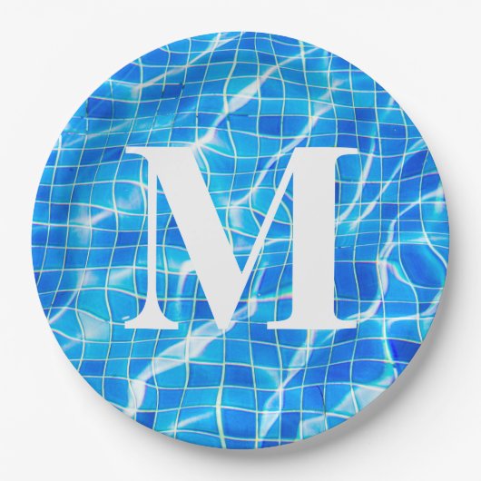 Assiettes En Carton Monogramme Monogramme Piscine Bleue Aquatique (Devant)