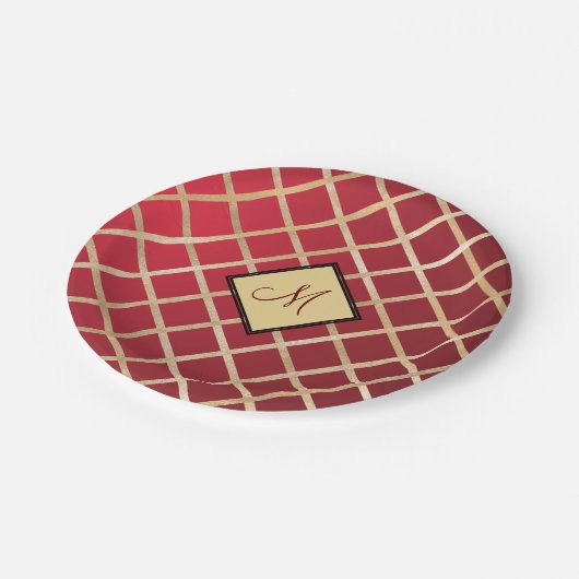 Assiettes En Carton Monogramme Motif géométrique Diamant Or Rouge (Angle)