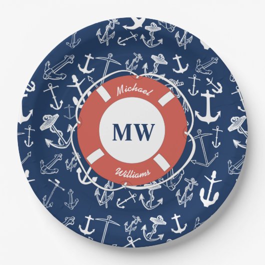 Assiettes En Carton Monogramme nautique Ancre bleu marine Motif (Devant)