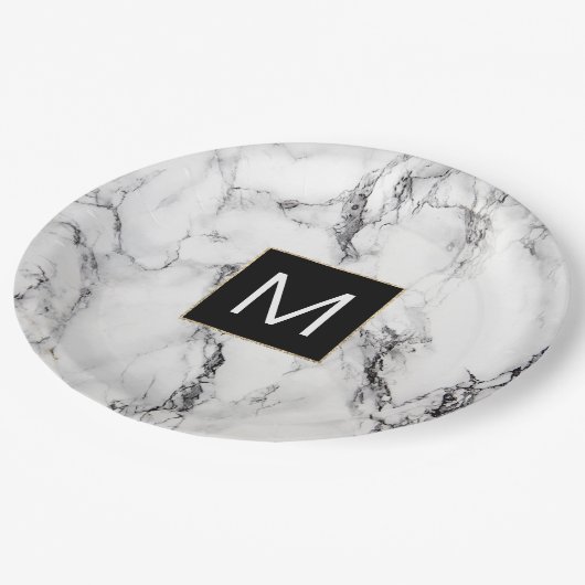 Assiettes En Carton monogramme noir et blanc marbre (Angle)
