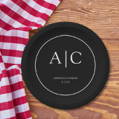 Assiettes En Carton Monogramme noir moderne élégant Mariage rond