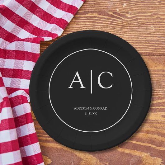 Assiettes En Carton Monogramme noir moderne élégant Mariage rond