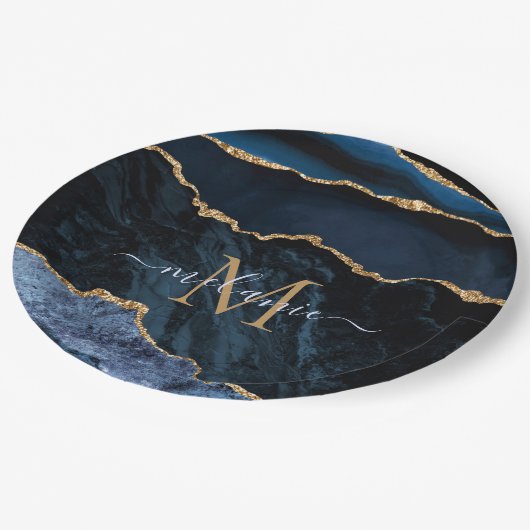 Assiettes En Carton Monogramme Nom Agate Marine Plaques de papier bleu (Angle)