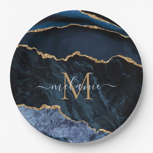 Assiettes En Carton Monogramme Nom Agate Marine Plaques de papier bleu (Devant)