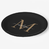 Assiettes En Carton Monogramme Or Classique Noir Nom Script Moderne (Angle)