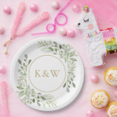 Assiettes En Carton Monogramme Or Eucalyptus Vert (Fête)