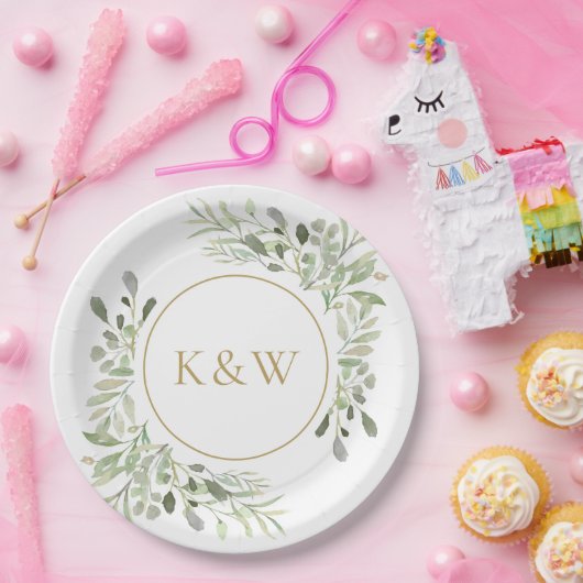 Assiettes En Carton Monogramme Or Eucalyptus Vert (Fête)